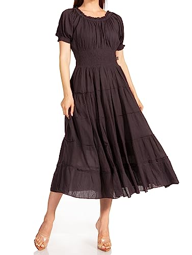 Image of Sakkas Cotton Crepe Smocked Peasant Gypsy Boho Renaissance Mid Length Dress