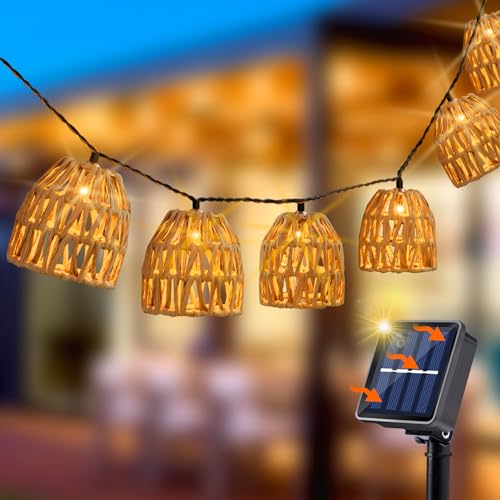 Guirlande lumineuse solaire d'extérieur de 4 m, 10 LED style rotin, guirlande lumineuse solaire bohème pour patio, pergola, jardin, fête, jardin