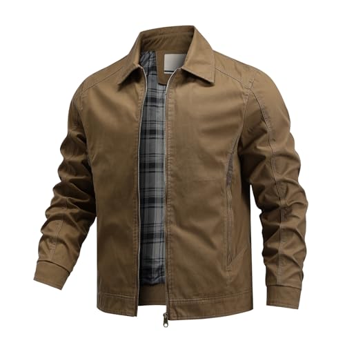 Allthemen Blouson Homme Casual Business Transition Veste en Coton Zippée Bomber de Couleur Uni Jacket Kaki L