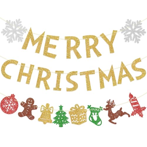 Merry Christmas Banner Set,Shiny Gold Merry Christmas Party Decoration Set,Letter Bell Xmas Signs Xmas Party Banner,for Outdoor Indoor Xmas Holiday New Year Party Decor Supplies