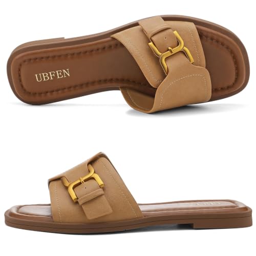 Image of UBFEN Womens Square Toe Flat Sandals Slides Dressy Comfortable for Beach