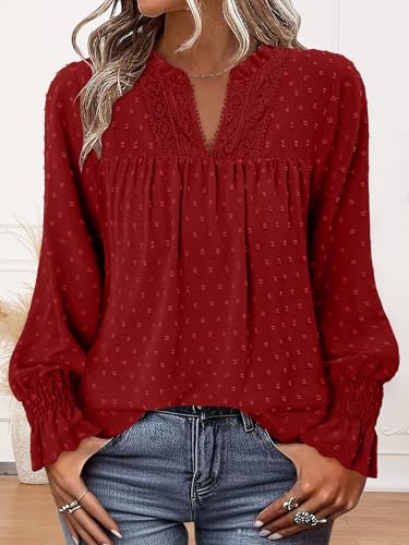 BETTE BOUTIK Women Boho Long Sleeve Shirts Dressy Casual V Neck Fall Fashion Tops Swiss Dot Flowy Blouses