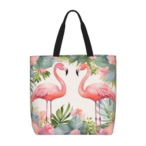 Flamingos and flowers Tote Bag for Women, Zipper Casual Tote's Handbag for Travel, Work, Lightweight Laptop Bags Big Capacity Shoulder Bag Reusable Grocery Shopping Bags