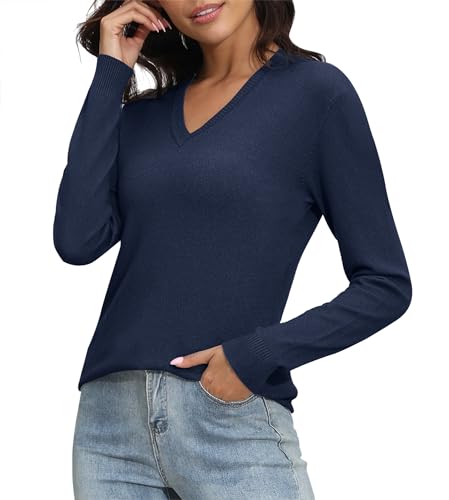 Image of EXCHIC Women's Long Sleeve V-Neck Casual Sweaters Fall Classic Soft Knit Top 2026 Fit Basic Pullover Tops