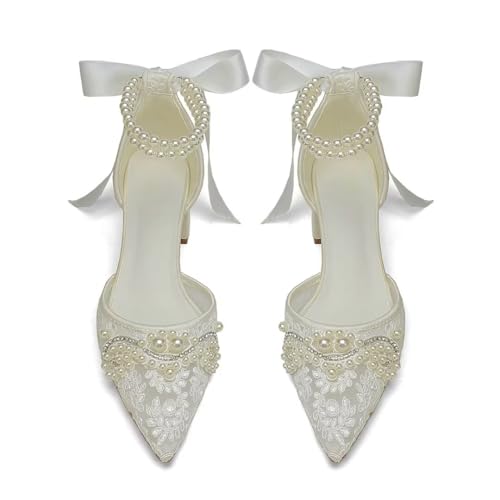 Block Heel Wedding Shoes for Bride Pointed Toe Lace Pearl Bridal Heels2