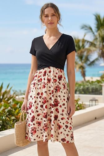 Image of OUGES Maternity Nursing Dress Breastfeeding Short Sleeve V Neck Casual Pregnancy Clothes with Pockets