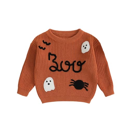 Image of Lukivech Infant Toddler Baby Boy Girl Halloween Outfit Boo Ghost Embroidery Long Sleeve Knit Pullover Sweater Fall Clothes