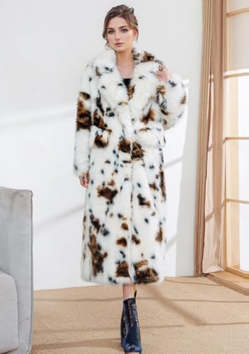 Shaggy Faux Fur Overcoat Long Sleeve Long Jacket,Fluffy Elegant Sweater, Women's Fashion Speckle WhiteOutwear3