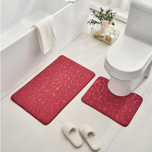 ele ELEOPTION 2 Stück rutschfeste Ständer Badematten Set atmungsaktivem Memory-Schaum Bad-Teppiche angenehm weiches Wasser saugfähig WC Badezimmer Teppich rutschfest Ständer Unterstützung (Rot) – Bild 5