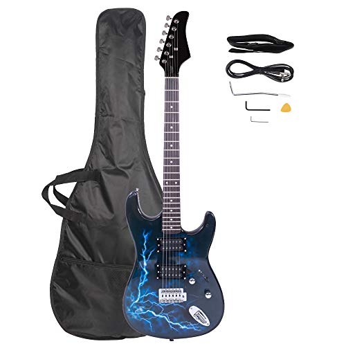 EPOFIT Full Size Electric Guitar Kit,39 Inch Beginner Electric Guitar,Complete Electric Guitar Set with Bag, Shoulder Strap, Power Wire, Wrench Tool,Tremolo Arm and Picks,Black and Dark Blue