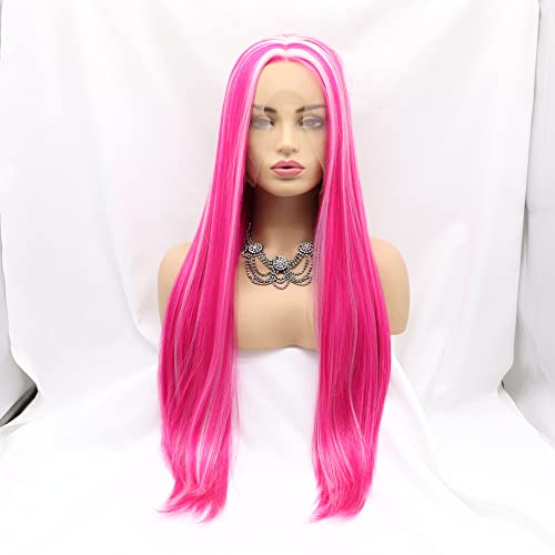 Xiweiya Ombre Pink Highlight Platinum Lace Front Wigs Long Silky Straight Highlight Pink Synthetic Lace Front Wig Heat Resistant Fiber High Density Wig For Women 26inchâ€¦