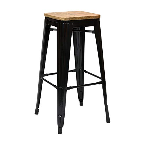 Vaukura Taburete Alto Oliix - Taburete Industrial Metálico Asiento Madera (Negro)