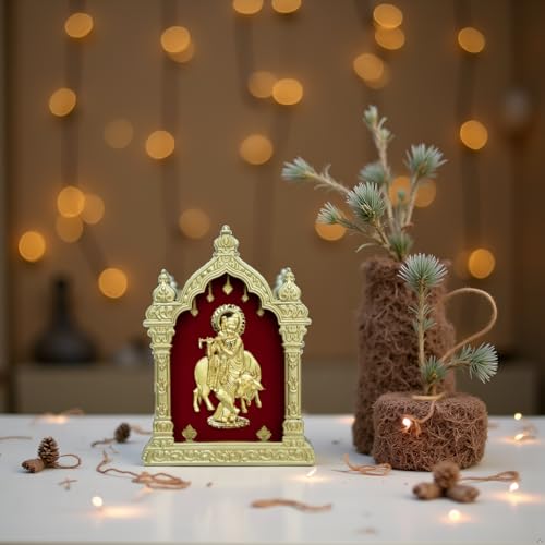 Image of EKA Temple Series Krishna with Cow Tabletop | Gold Foil | Krishna Showpiece for Home Temple, Pooja Room & Office Decor | Ideal Janmashtami, Housewarming & Spiritual Gift (9cm x 4cm x 11cm)