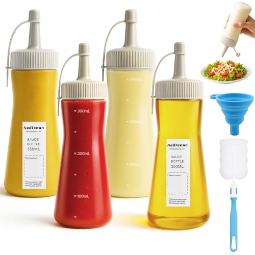 Nadisean 4 Stück 350ml Squeeze Flasche, 11.8oz Quetschflasche mit Kappen, Saucenflasche Kunststoff, Condiment Flaschen mit Silikon Cap, Etikettieren, Trichter, Bürste, für Ketchup Olivenöl Sauces