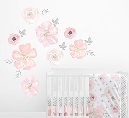 Image of Sweet Jojo Designs Blush Pink, Grey and White Large Peel and Stick Wall Mural Decal Stickers Art Nursery Decor for Watercolor Floral Collection - Set of 2 Sheets