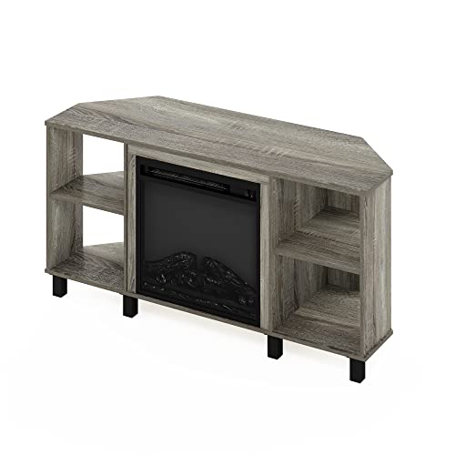 Image of Furinno Jensen Corner Fireplace TV Stand with 4 Open Compartments for TV up to 55 Inches, French Oak Grey