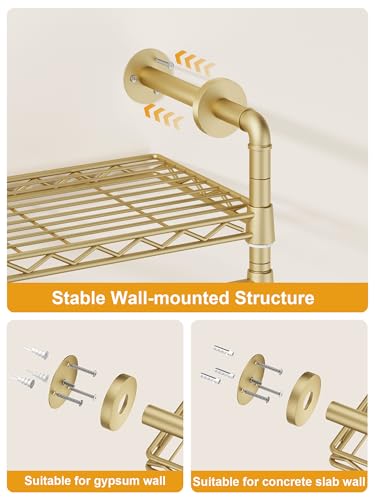 Image of ULIFHOME M6 Clothes Rack for Wall Mounted, Heavy Duty Closet Wardrobe | Wall Mounted Garment Rack with 8 Shelves and 4 Hanger Rods, Clothing Storage Organizer System for Holding 1064lbs, Gold