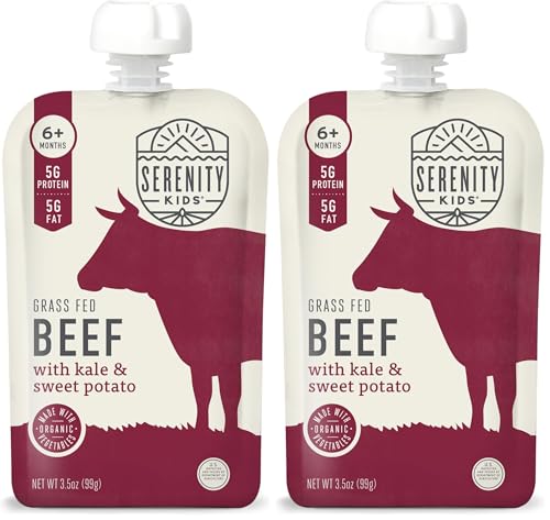 Image of Serenity Kids 6+ Months Baby Food Pouches Puree Made With Ethically Sourced Meats & Organic Veggies | 3.5 Ounce BPA-Free Pouch | Grass Fed Beef, Kale, Sweet Potato | 1 Count (Pack of 2)