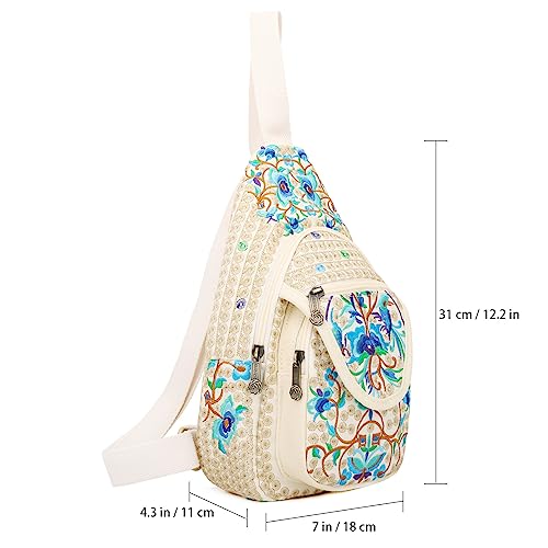 Image of SILKAREA Vintage Canvas Small Sling Bag for Women's Chest Purses Handbag Crossbody Bag Boho Embroidered Backpack Purse (Beige Blue)