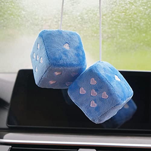 Pair 3” Fuzzy Plush Dice Heart Shape Decor For Car Rearview Mirror, Retro Square Decoration Dice For Car Hanging Accessories (Blue) #TOP2