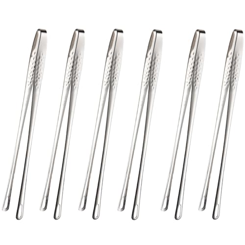 Dwwffer 6 Pcs kitchen tweezers Grill Tongs, 18/10 Stainless Steel Long Cooking Tweezer Tongs,Kitchen Tongs For Cooking,Repairing,Sea food and BBQ,11-Inch (Silver)
