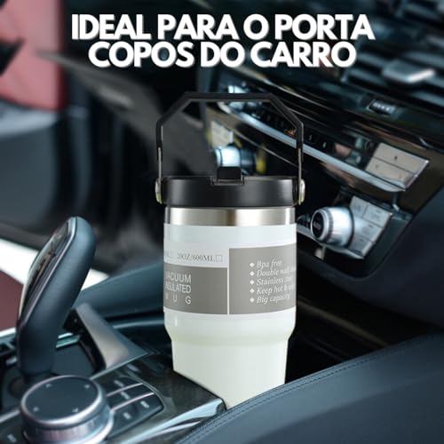 Copo Térmico Com Tampa Antivazamento Com Alça e Canudo Design Para Porta Copos em Aço Inoxidável Cap