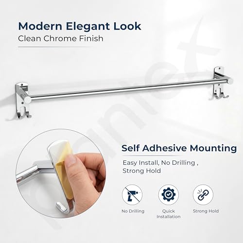 Image of Plantex J4 Stainless Steel Self Adhesive Towel Rod for Bathroom /Single Towel Hanger Without Drill /Towel Holder for Bathroom /24 Inch Towel Rod with Hook /Bathroom Accessories- Pack of 1 (Chrome)