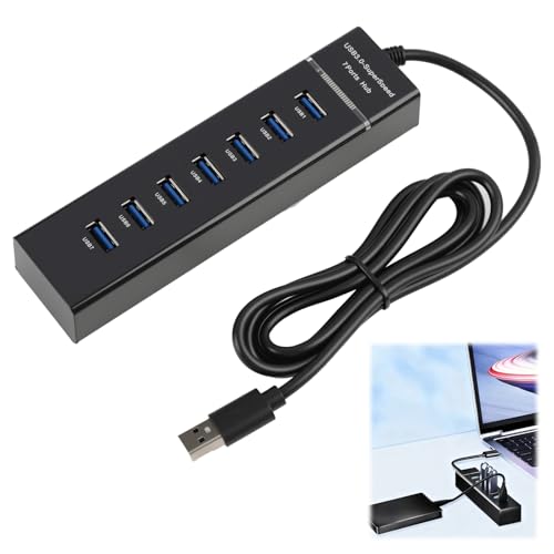 Hub USB 3.0 7 Puertos en Aluminio con Cable 1.2 m y Puerto de Alimentación Type-C 5V 3A,Multi USB de Alta Velocidad 5Gbps, Duplicador Alimentado para PC, Portátil, Teclado, Ratón, Disco Externo