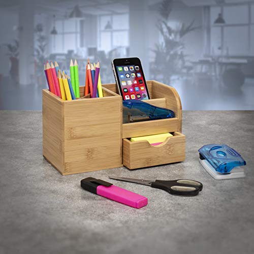 Woodluv Organiseur de bureau en bambou pour ranger papeterie, maquillage, outils, stylos, téléphone portable, cartes de visite - 22 x 10,5 x 12,2 cm