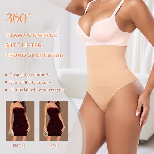 Image of Werena Tummy Control Thong Shapewear for Women High Waist Shaping Underwear Seamless Thongs Panties