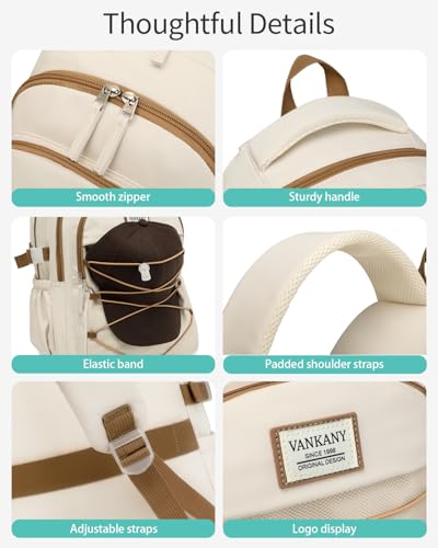 Image of Teen Girls Backpack School Bag, 15.6in Laptop Backpack for Women Work Commuter, Aesthetic College Bookbag for Students, Beige