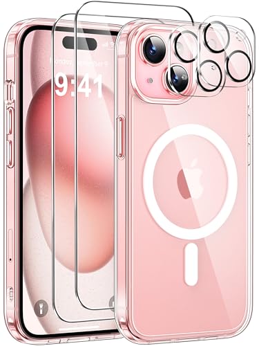 ivencase Magnetic for iPhone 15 Case with 2 Pack Screen Protector and 2 Pack Camera Lens Protector, Compatible with MagSafe, Shockproof Protective Clear Back Phone Case for iPhone 15 6.1 Inch -Clear