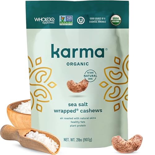 Image of Organic Cashews by Karma Nuts, Vegan, Gluten Free, Low Net Carb, Natural, Everyday Nut Snack, Great For Baking, Resealable Bulk 32oz Bag (Resealable Bulk 32oz Bag, Organic Sea Salt Wrapped Cashews)