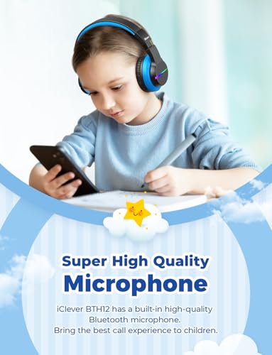 Image of iClever BTH12 Kids Bluetooth Headphones,Colorful LED Lights Wireless Kids Headphones,74 /85 /94dB Volume Limited,55H Playtime,Bluetooth 5.2,Over Ear Headphones with Mic for iPad /Tablet /Traveling,Black