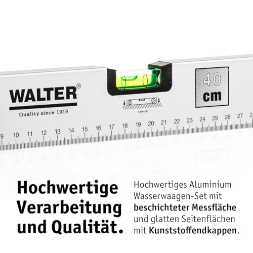 WALTER Wasserwaagen-Set 4-tlg. Wasserwaage in den Längen 40cm, 60cm und 100cm & Mini-Wasserwaage | mit 3 Libellen für präzise Messungen, angenehme Handhabung | robustes & leichtes Aluminiumgehäuse
