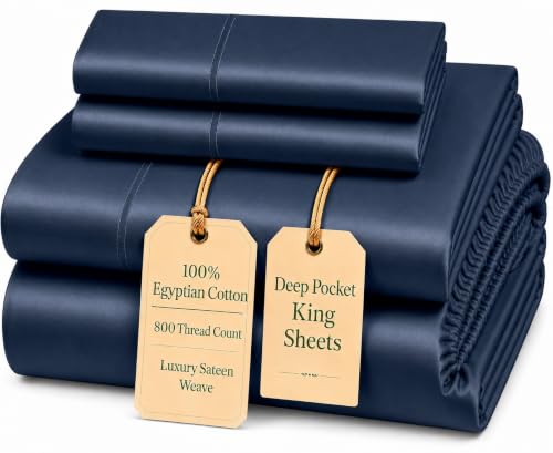 Image of King Sheet Set, 4Piece 15 inch Deep Pocket Sheet & Pillowcase Sets - Dark Denim | 800 Thread Count Sateen Weave Egyptian Cotton Sheets For King Size Bed, Soft, Breathable & Cooling Sheets, OEKO-TEX Certified