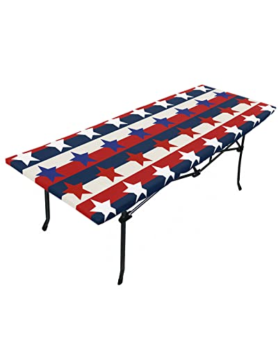 4th of July Fitted Table Covers for 8 Foot Tables, Patriot Independence Day Blue Red White Stripes Star Elastic Table Cover Rectangle 32