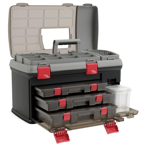 TANGZON Fishing Tackle Box, 5 Layer Storage Tackle Organizer with Top Storage, 14 small compartments, 3 Removable Utility Boxes & Bait Racks, Lockable Cantilever Tool Storage Box
