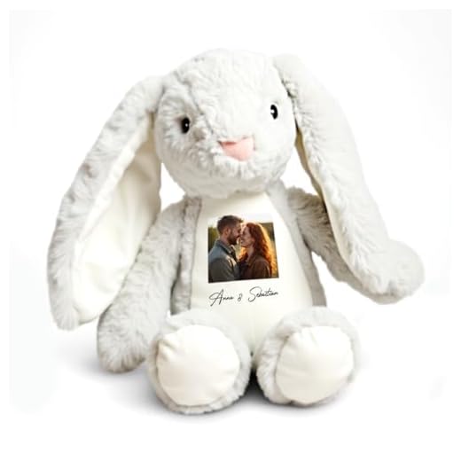 Love Faith - Euer Foto - Personalisierter Stoffhase mit Foto und Namen - Weiß, flauschig, 34cm groß