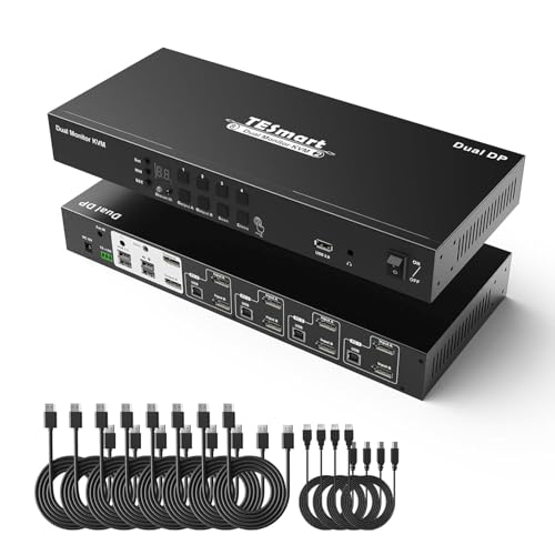 TESmart 4 Port KVM Switch Dual Monitor DisplayPort, 4K@60Hz KVM Switch 4 Computers 2 Monitors, DCCI, Audio Out, USB 2.0 Devices, Hotkey Switch, 2K@144Hz, Rack-Mount Ears, with Cables (NO EDID)