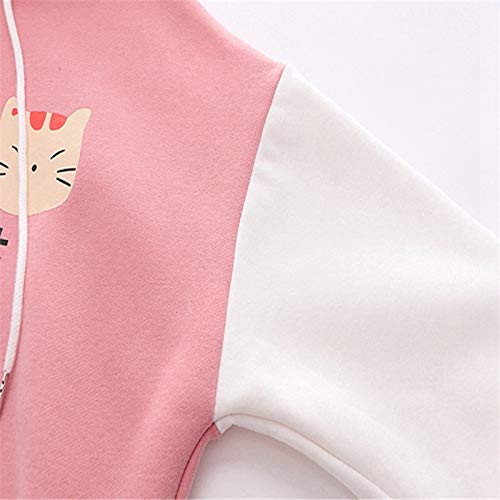 Cartoon Graphic Sweatshirts For Women Cute Cats Printing Long Sleeve Drawstring Pockets Fashion Hoodies Pullovers Tops Pink #TOP3