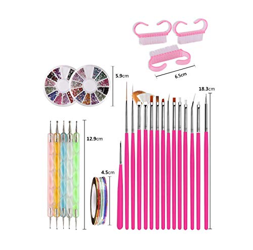 HNYYZL Nail Art Brushes, 3D Nail Art Paiting Polish Design Kit with 15 Nail gel Brushes, Nail Dotting Pen 5pcs, 12 Colors Nail Rinestones, 10 adhesive Nail striping tape& 3 Handle Nail Brush