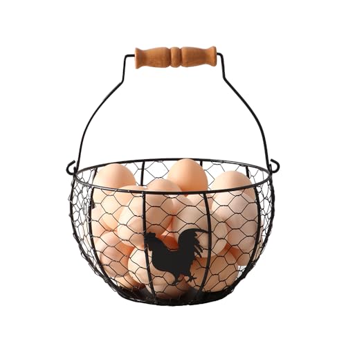 Fresh Eggs Collecting Basket With Handle,Vintage Style Metal Wire Eggs Holder Basket for Countertop Kitchen Storage Bin