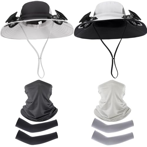 Image of Syhood 2 Set Solar Fan Hats with Neck Gaiters and Arm Sleeves, Wide Brim Fishing Hats for Men Women Outdoor Camping Gardening
