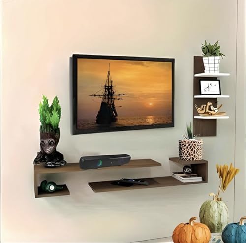 Image of Wooden Wall Mounted TV Unit, TV Cabinet for Wall, TV Stand for Wall, TV Stand Unit Wall Shelf for Living Room, Set Top Box Stand (C Tv Cabinet, Wenge White)