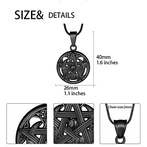 Hipunk Mens Pentagram Pentacle Necklace - Wiccan Pagan Crescent Moon Irish Pendant Magical Star Celtic Knot 316L Stainless Steel Black Gun Plated Tetragrammaton Satanism Jewelry Sp0017B #TOP1