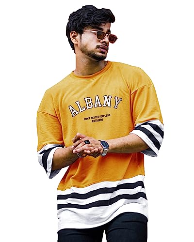 Image of EYEBOGLER Oversized Loose Baggy Fit Drop Shooulder Half Sleeves Cotton Blend Printed T-Shirt for Men