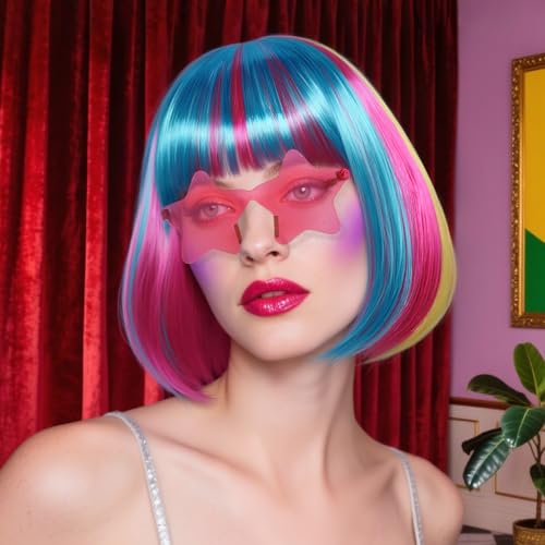 Image of ANOGOL Hair Cap + (Sunglasses) Rainbow Wig Yellow Blue Pink Bob Wig with Bangs Womens Party Wigs with Star-Shaped Glasses Short Neon Wig Daily Party Fun Wigs Women Halloween Costume Bachelorette Hair