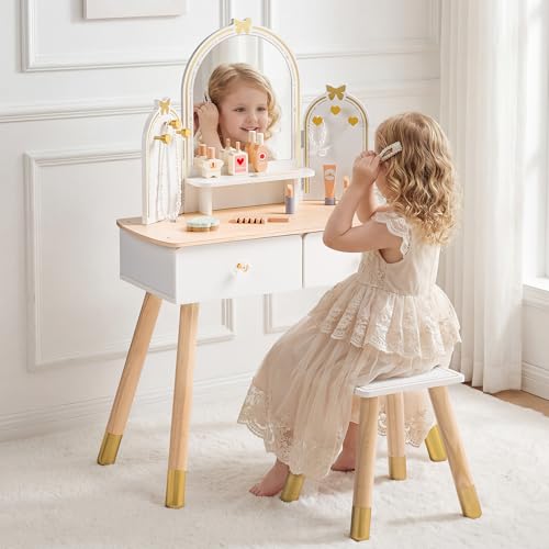 Image of ROBOTIME White Kids Vanity Set Butterfly Mirror & Stool Small Girl Vanity Desk with 2 Drawers Kids Make up Pretend Play Table Ideal Birthday for Toddler Age 3+ Bedroom Playroom Decor