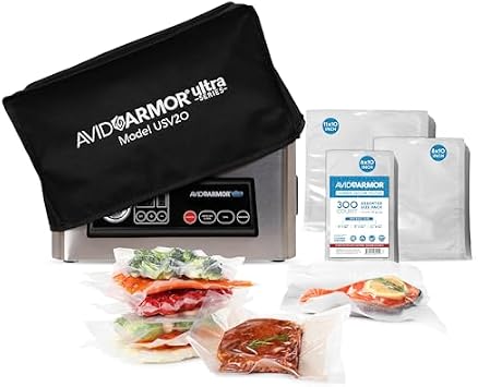 Avid Armor USV20 Ultra Series Chamber Vacuum Sealer Bundle Includes Compact 11.5-Inch Vacuum Packing Machine, Dust Cover, and 300 Heavy-Duty BPA-Free Pre-Cut Pouches 6"x10", 8"x10", 11"x10"